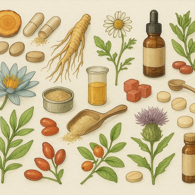 Vintage illustration of botanical ingredients, flowers, roots, powders, capsules, tablets, and amber bottles