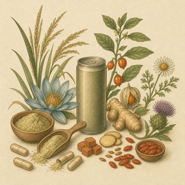 Vintage botanical laboratory illustration with plant specimens, a flask, mortar and pestle, and analytical glassware