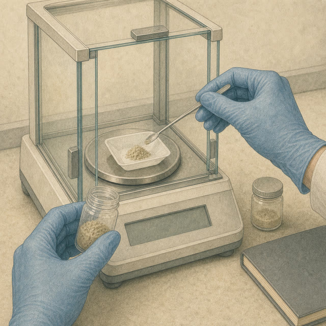 Hand-drawn laboratory illustration of gloved hands weighing a powdered sample through the side door of an analytical balance