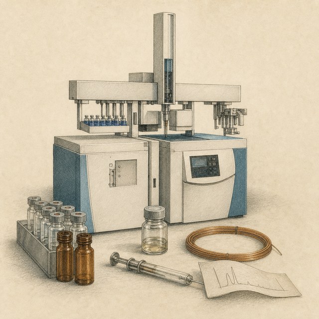Hand-drawn laboratory illustration of a gas chromatograph and mass spectrometer with an automated sampler, vials, syringe, and capillary column