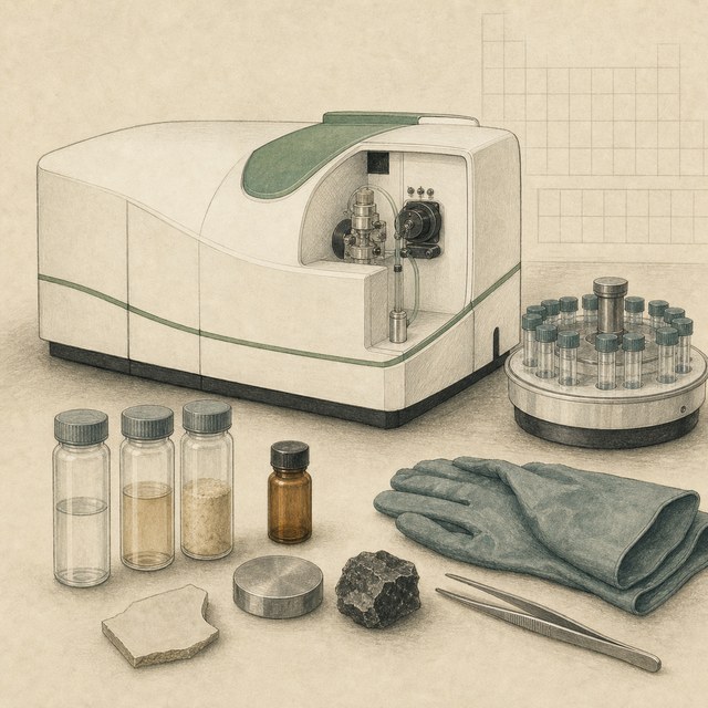 Hand-drawn laboratory illustration of an ICP mass spectrometer, autosampler, digestion vessels, metal, ceramic, and mineral samples