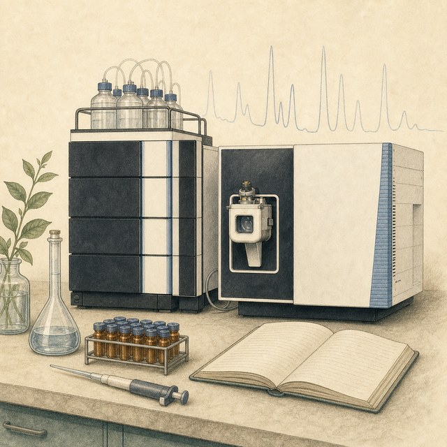 Hand-drawn laboratory illustration of a liquid chromatograph and mass spectrometer with vials, glassware, and a notebook