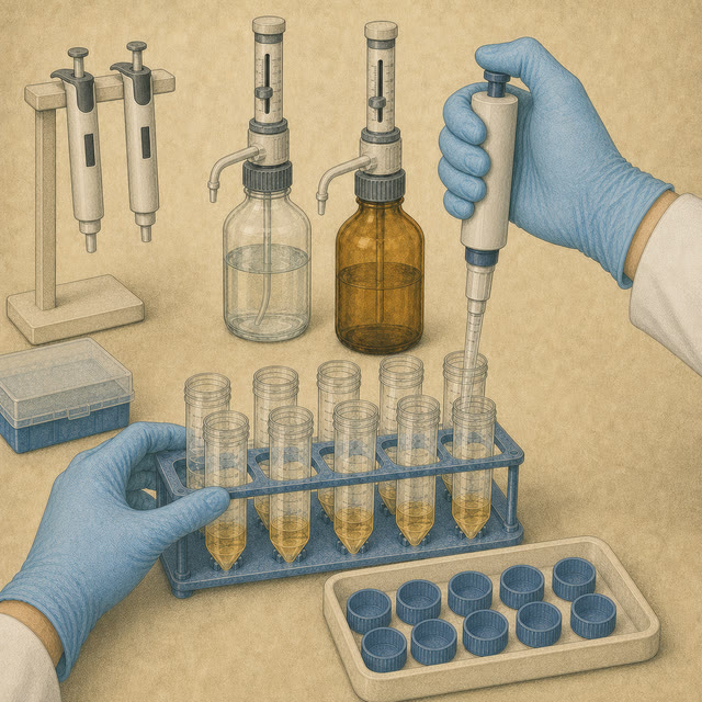 Hand-drawn laboratory illustration of controlled liquid transfers during sample preparation
