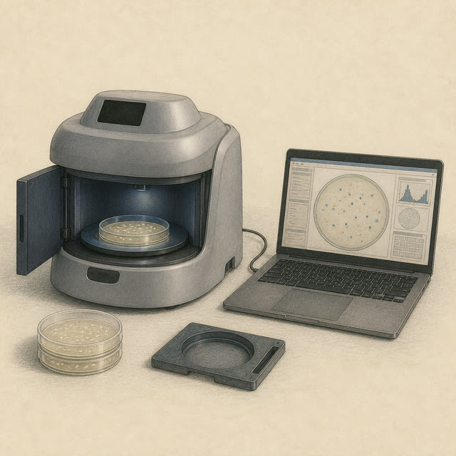 Hand-drawn microbiology illustration of an automated colony imaging instrument beside a laptop displaying a plate-counting interface