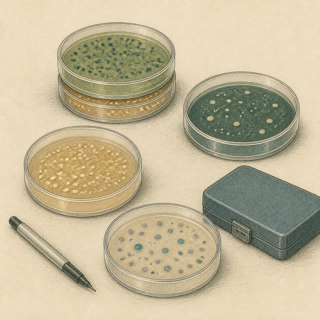 Hand-drawn microbiology illustration of covered culture plates showing several distinct colony-growth patterns