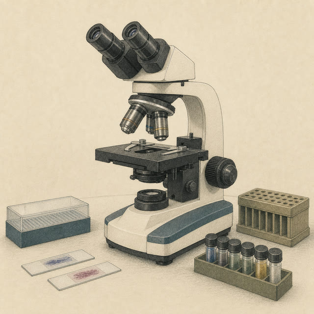 Hand-drawn microbiology illustration of a compound microscope with prepared slides, sample tubes, and laboratory accessories